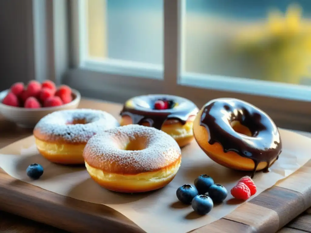 Deliciosas donas sin gluten recién horneadas con glaseado de chocolate, rodeadas de frutas frescas en una cocina acogedora