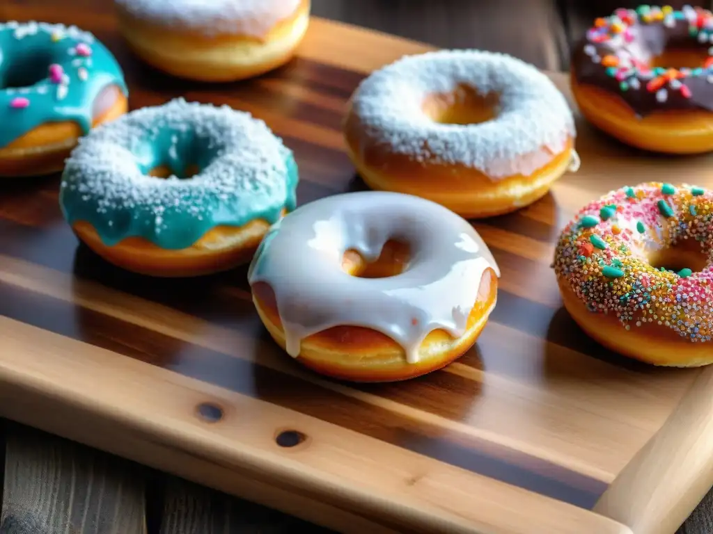 Deliciosas donas sin gluten recién horneadas con glaseados coloridos, listas para deleitar