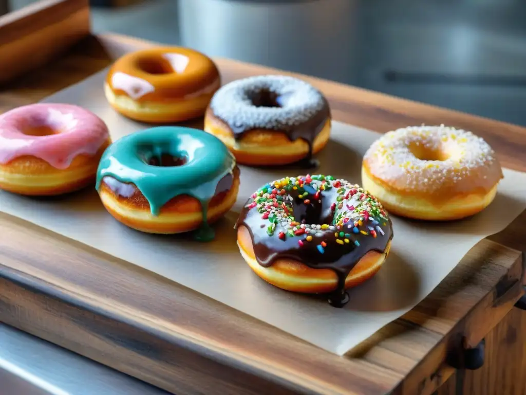 Deliciosas donas sin gluten recién horneadas en mesa rústica, bañadas en glaseado colorido