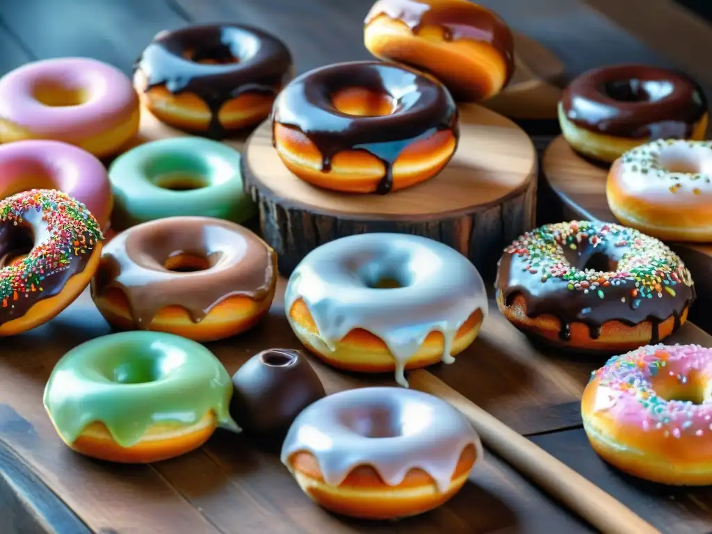 Deliciosas donas sin gluten recién horneadas en una mesa rústica, con glaseado y toppings coloridos