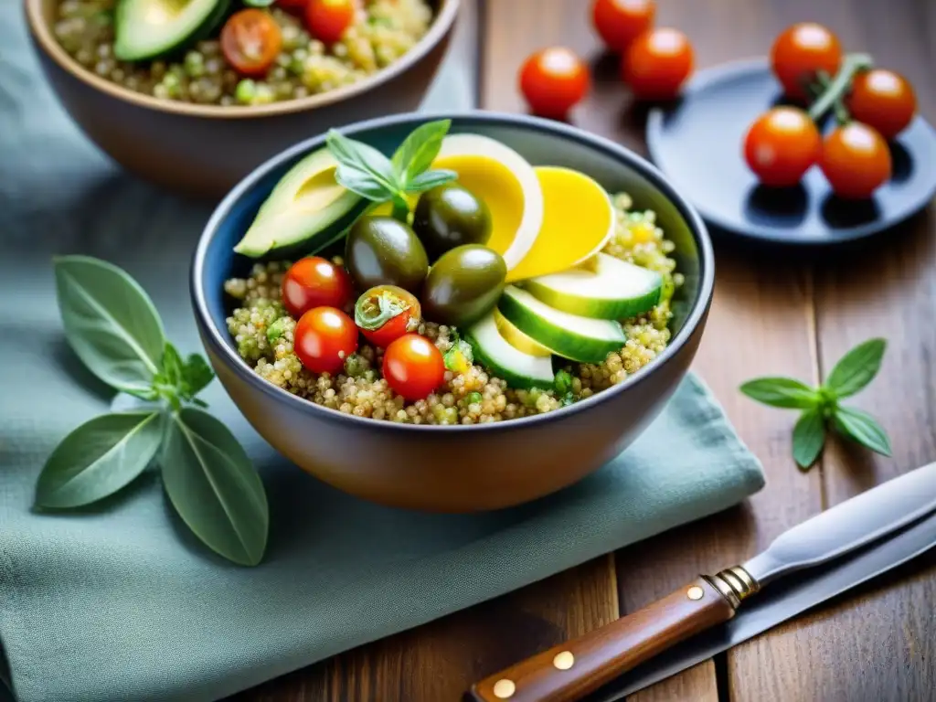 Deliciosas ensaladas de quinua coloridas en elegantes cuencos de vidrio