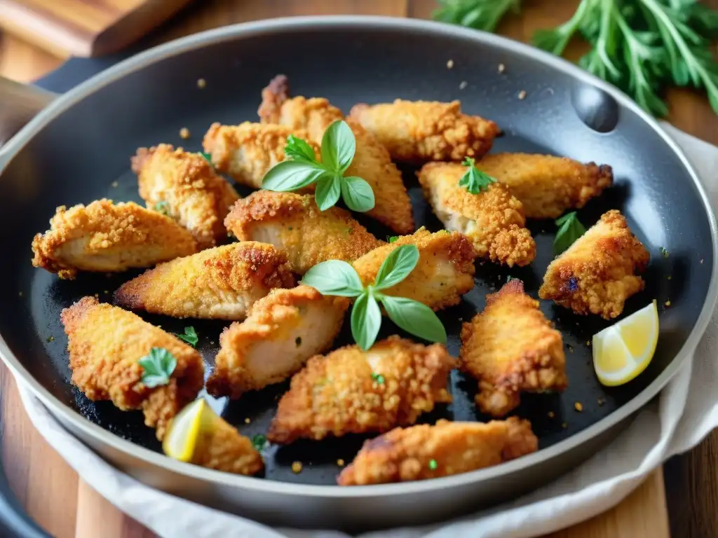 Deliciosas frituras sin gluten crujientes, pollo dorado y crujiente en sartén, hierbas frescas en tabla de madera