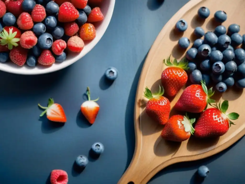 Deliciosas bayas frescas en tabla de madera para receta sin gluten Deliciosas frutas frescas sobre tabla de madera, ideal para porridge sin gluten receta nutritiva
