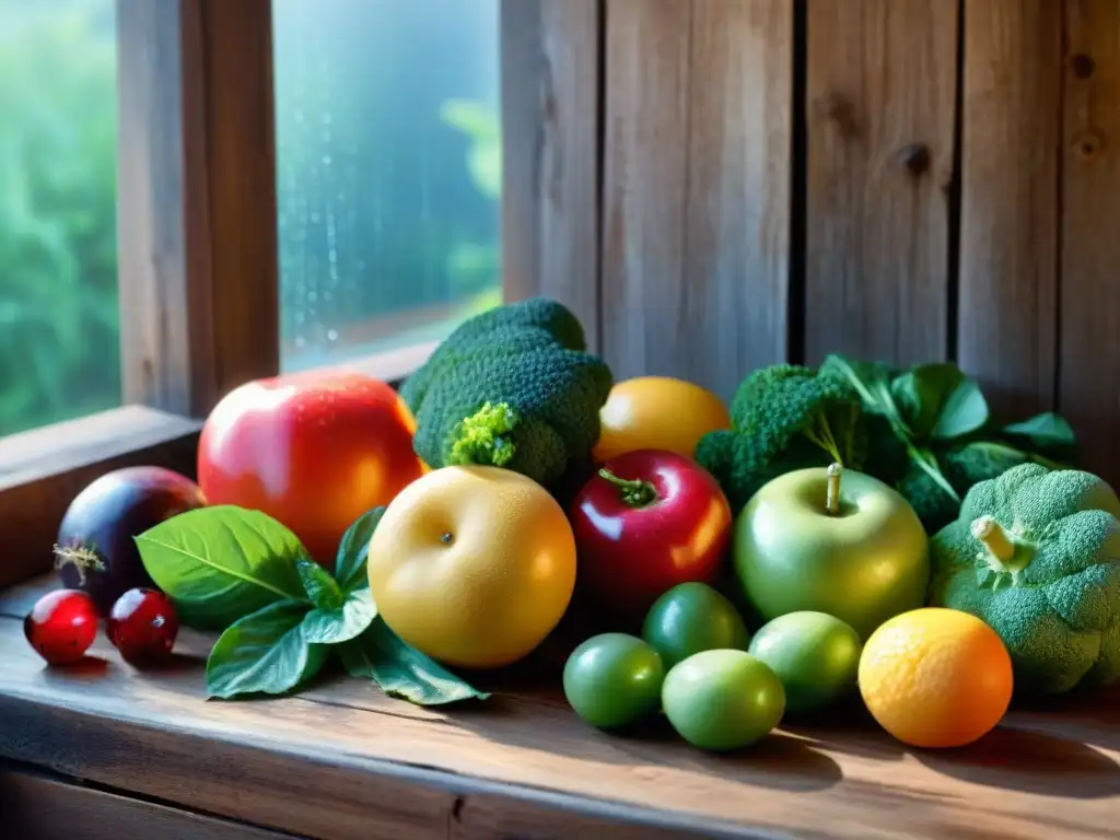 Deliciosas frutas y verduras vibrantes y frescas en una mesa de madera rústica, resplandeciendo con gotas de agua bajo la luz del sol