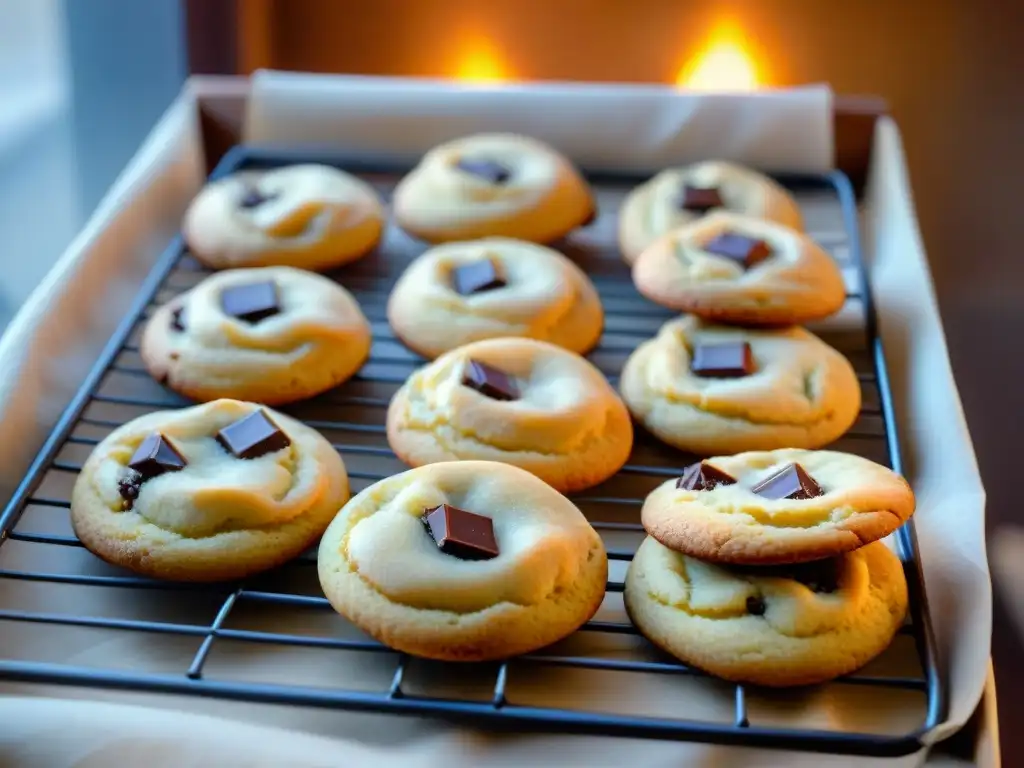 Deliciosas galletas sin gluten fáciles y rápidas enfriándose, con trozos de chocolate y bordes crujientes, en una cocina rústica iluminada