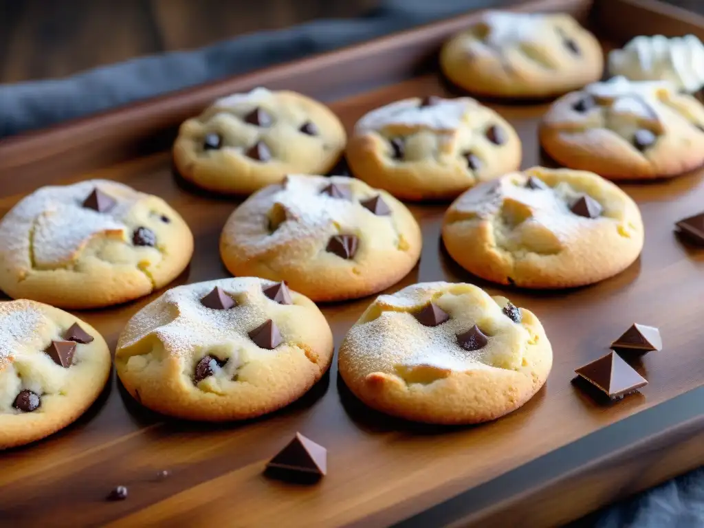 Deliciosas galletas sin gluten recién horneadas en bandeja de madera, con chispas de chocolate