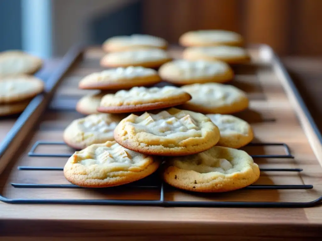 Deliciosas galletas sin gluten recién horneadas con bordes dorados y avena, en una rustica rejilla de madera iluminada naturalmente