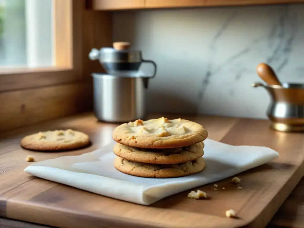 Deliciosas galletas sin gluten recién horneadas en una mesa rústica, con vapor y migajas