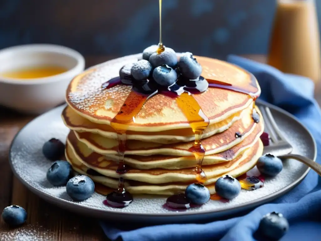 Deliciosas ideas pancakes y waffles sin gluten: torre de pancakes esponjosos con sirope de arce, arándanos y azúcar glass, sobre mesa rústica