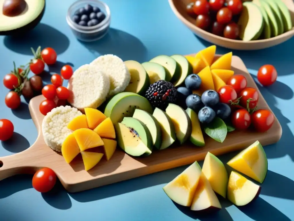 Deliciosas meriendas sin gluten creativas en tabla de madera con frutas, aguacate, tomate, frittatas, chía y mango