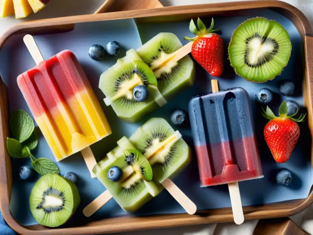 Deliciosas paletas de frutas sin gluten con fresas, kiwi, piña y arándanos congelados en un hermoso y rústico tablero de madera