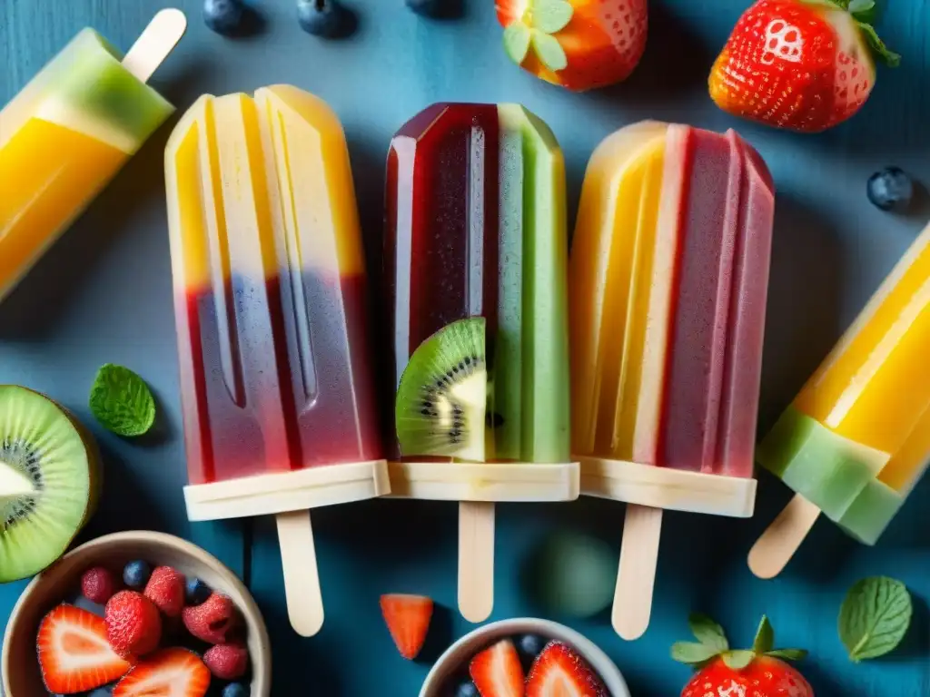 Deliciosas paletas de frutas sin gluten en una explosión de colores y sabores, con frutas frescas y hojas de menta, sobre una mesa rústica