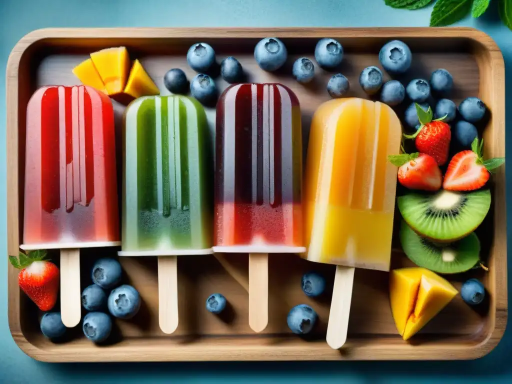 Deliciosas paletas de frutas sin gluten en una bandeja rústica con fresas, arándanos, mangos y kiwis, decoradas con gotas de hielo brillantes