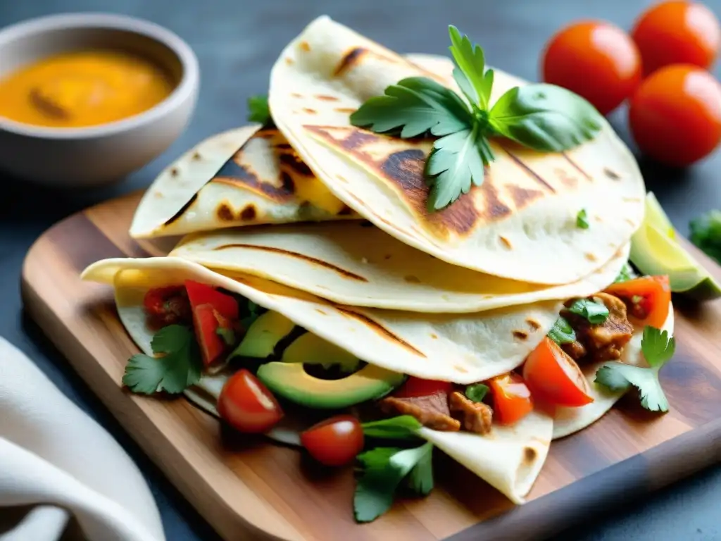 Deliciosas quesadillas sin gluten con ingredientes vibrantes en plato rústico