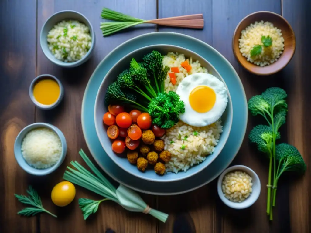 Deliciosas recetas arroz sin gluten completas con verduras vibrantes, hierbas y especias en mesa rústica