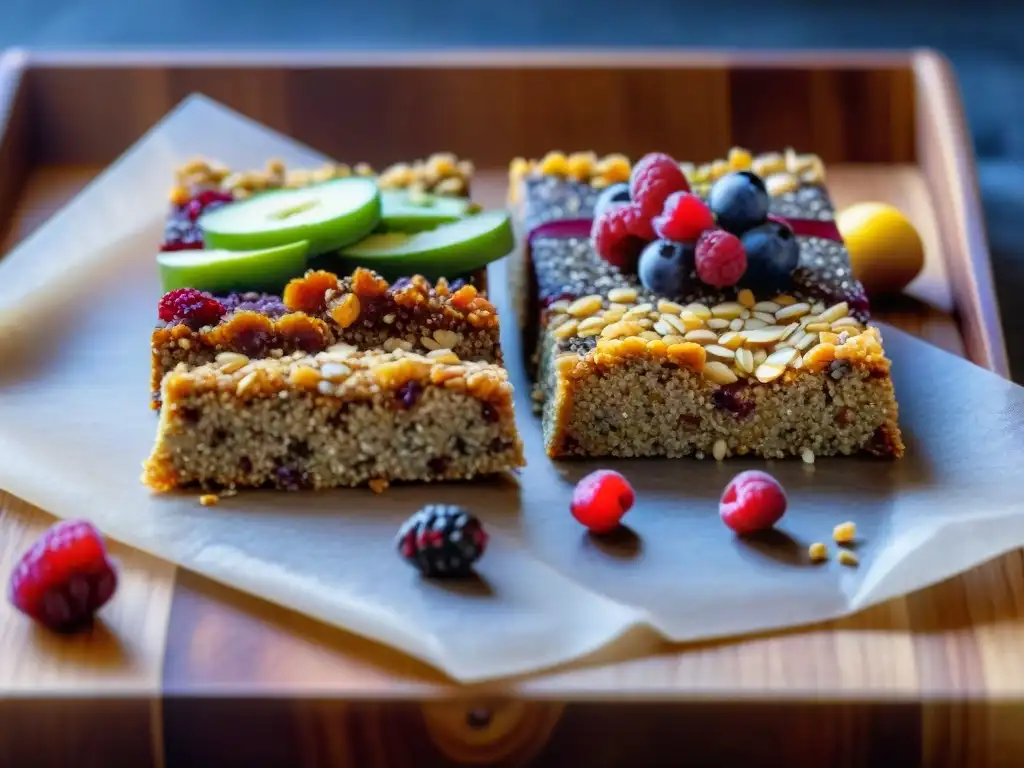 Deliciosas recetas barritas energéticas sin gluten decoradas con chía, coco y bayas secas en tabla de madera rustica