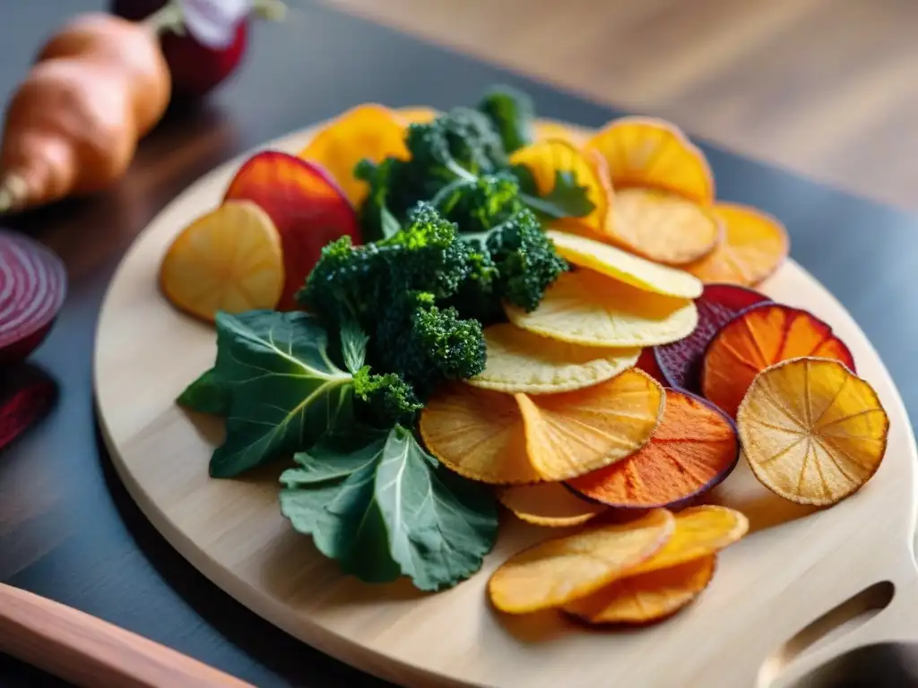 Deliciosas recetas chips vegetales sin gluten en un arreglo colorido y apetitoso sobre tabla de madera