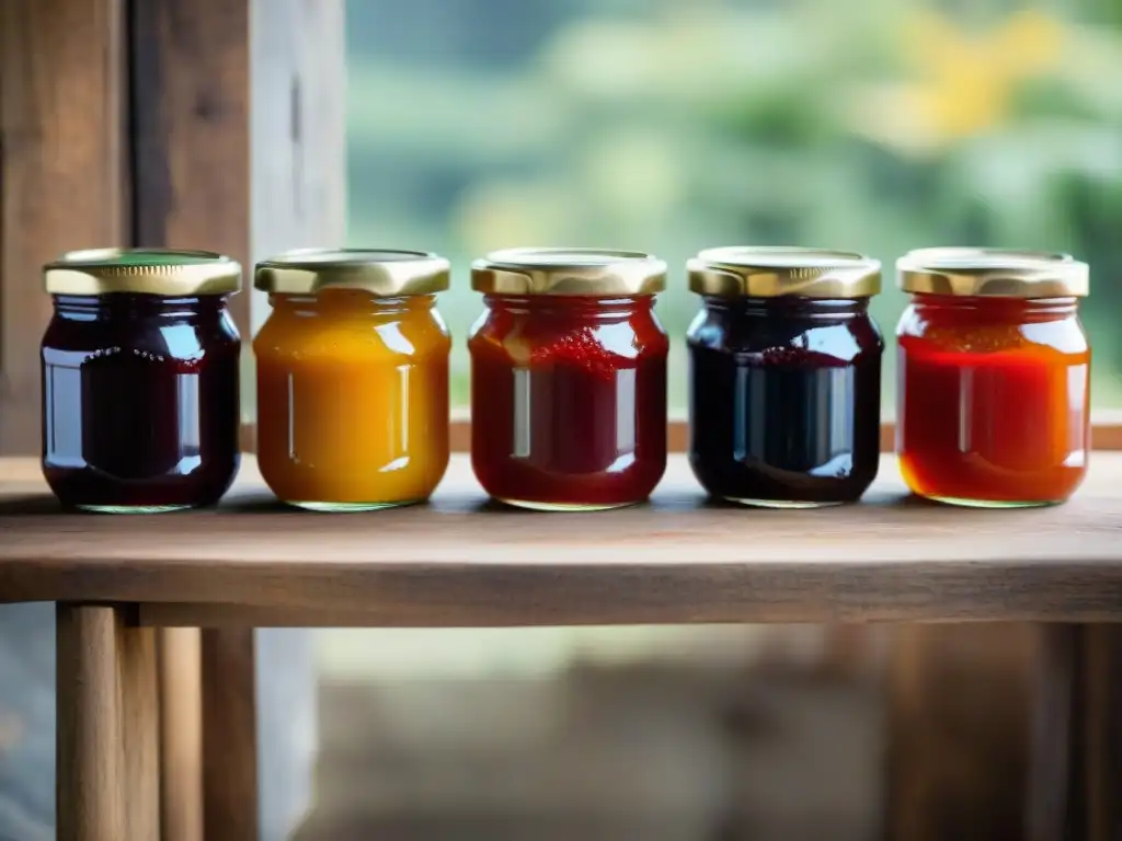 Deliciosas recetas chutneys mermeladas fermentadas en tarros de colores, sobre mesa de madera rústica