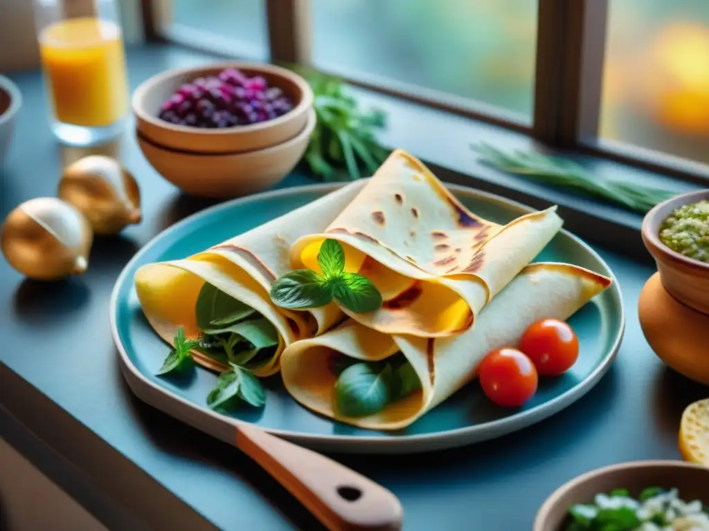 Deliciosas recetas crepes y tortillas sin gluten en mesa elegante con ingredientes coloridos y frescos