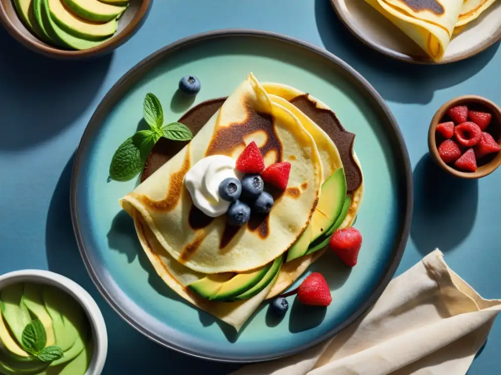 Deliciosas recetas crepes y tortillas sin gluten con rellenos variados y coloridos sobre mesa de madera rústica