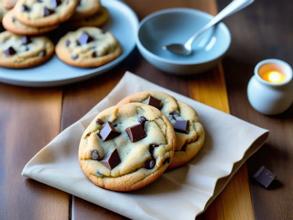 Deliciosas recetas galletas sin gluten: galletas de chocolate recién horneadas en mesa de madera rustica