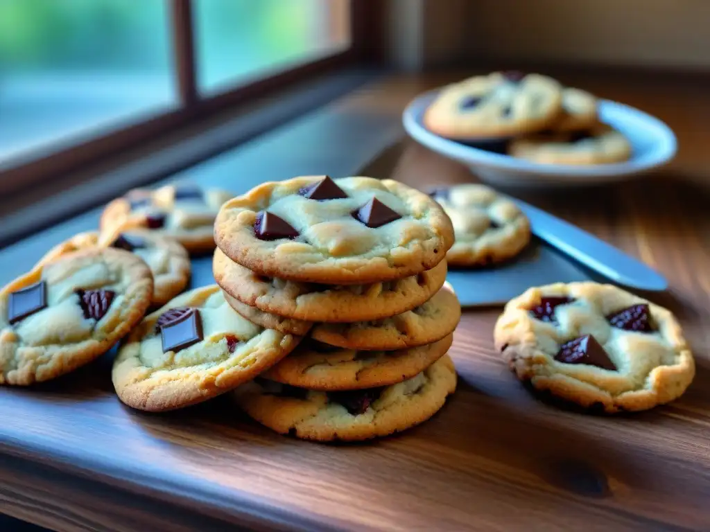 Deliciosas recetas galletas sin gluten en una mesa rústica con variedad de sabores y texturas, bañadas en luz natural