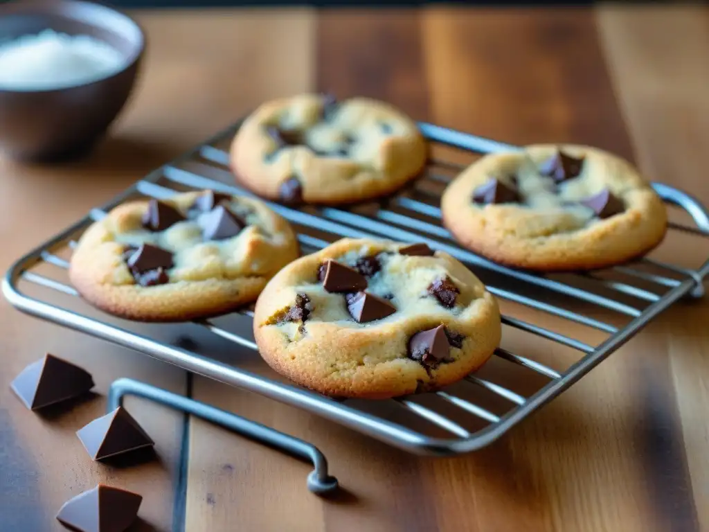 Deliciosas recetas galletas sin gluten: cookies de chocolate en mesa rústica, chocolate derretido y sal marina