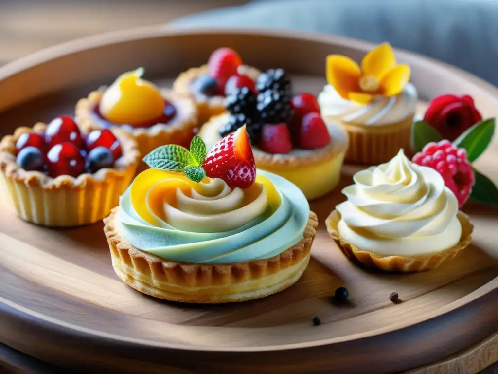 Deliciosas recetas sin gluten en Granada: pastelería detallada con decoraciones y frutas vibrantes en una mesa rústica con flores frescas