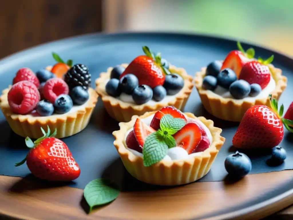 Deliciosas recetas sin gluten con frutas: tartaletas de frutas variadas sobre mesa de madera rústica con hojas de menta fresca