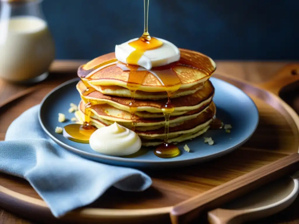 Deliciosas recetas sin gluten con harina de coco: montón de pancakes recién horneados con crema y miel, en plato de madera rústico