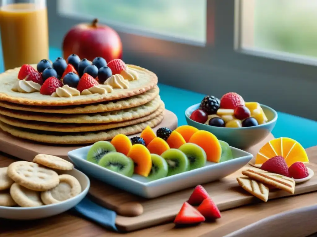 Deliciosas recetas sin gluten para niños en una vibrante mesa de tentempiés saludables y coloridos