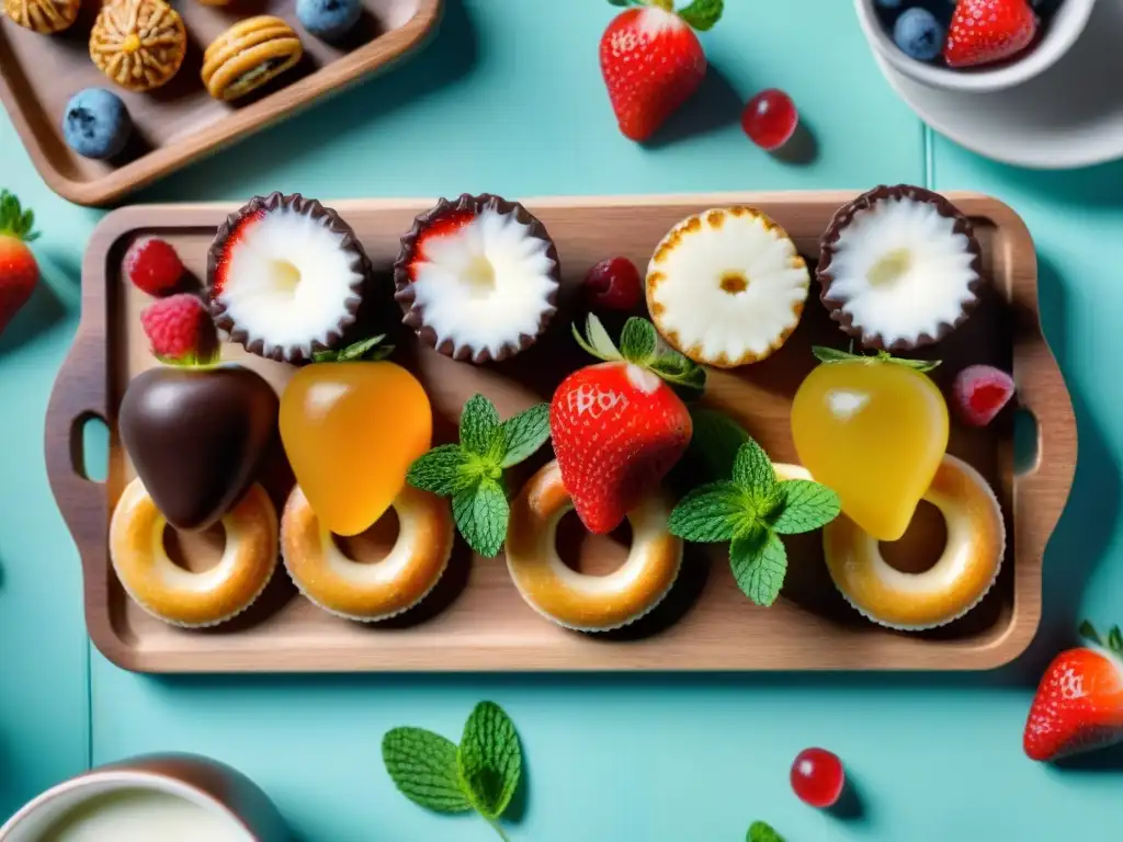 Deliciosas recetas sin gluten para niños: variedad de dulces coloridos en tabla de madera con frutas y hojas de menta