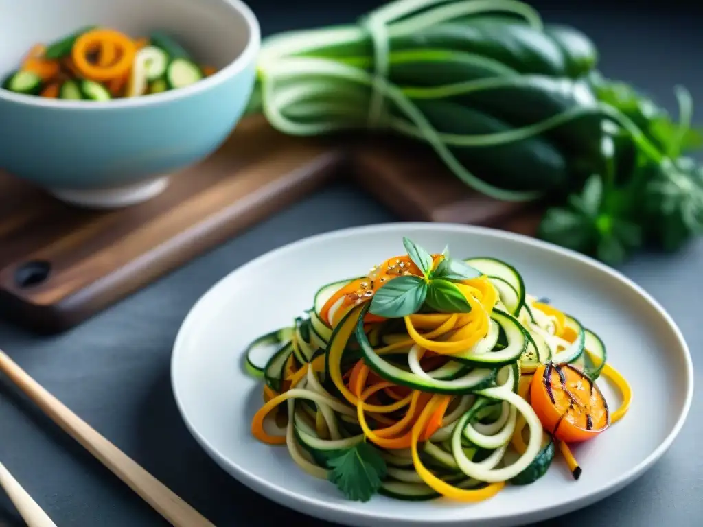 Deliciosas recetas sin gluten con espiralizadores: variedad de fideos de vegetales coloridos y creativos en un plato blanco