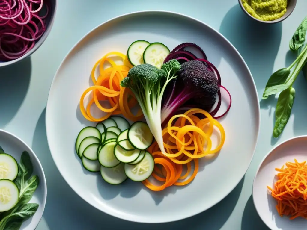 Deliciosas recetas sin gluten con espiralizadores: vibrantes verduras espiralizadas en una elegante presentación en plato blanco