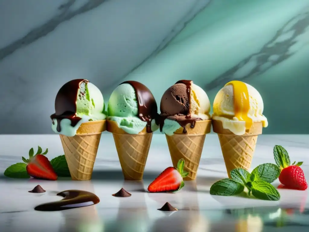 Deliciosas recetas helados caseros sin gluten, variedad de sabores y colores en elegante presentación sobre mármol