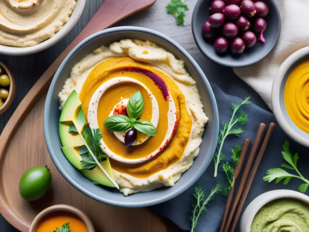 Deliciosas recetas de hummus sin gluten en cuencos coloridos sobre mesa de madera rústica