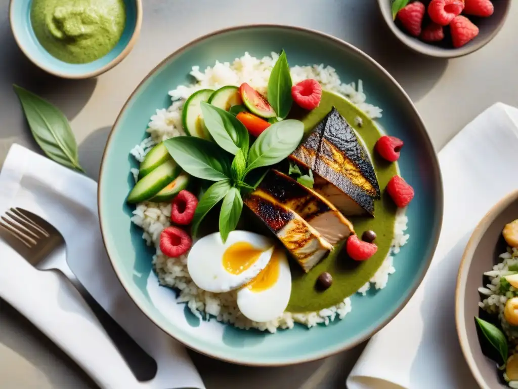 Deliciosas recetas internacionales sin gluten en un festín de sabores y colores en una terraza mediterránea soleada