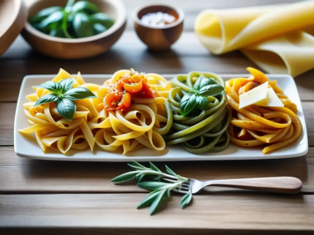 Deliciosas recetas de pastas sin gluten en mesa rústica con variedad de colores y formas, salsas caseras y hierbas frescas