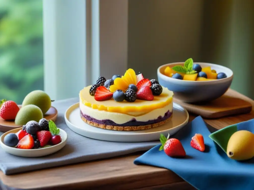 Deliciosas recetas postres sin gluten frutas en mesa rústica con pastel de fresa, crumble de arándanos, sorbete de mango y tarta de frutas