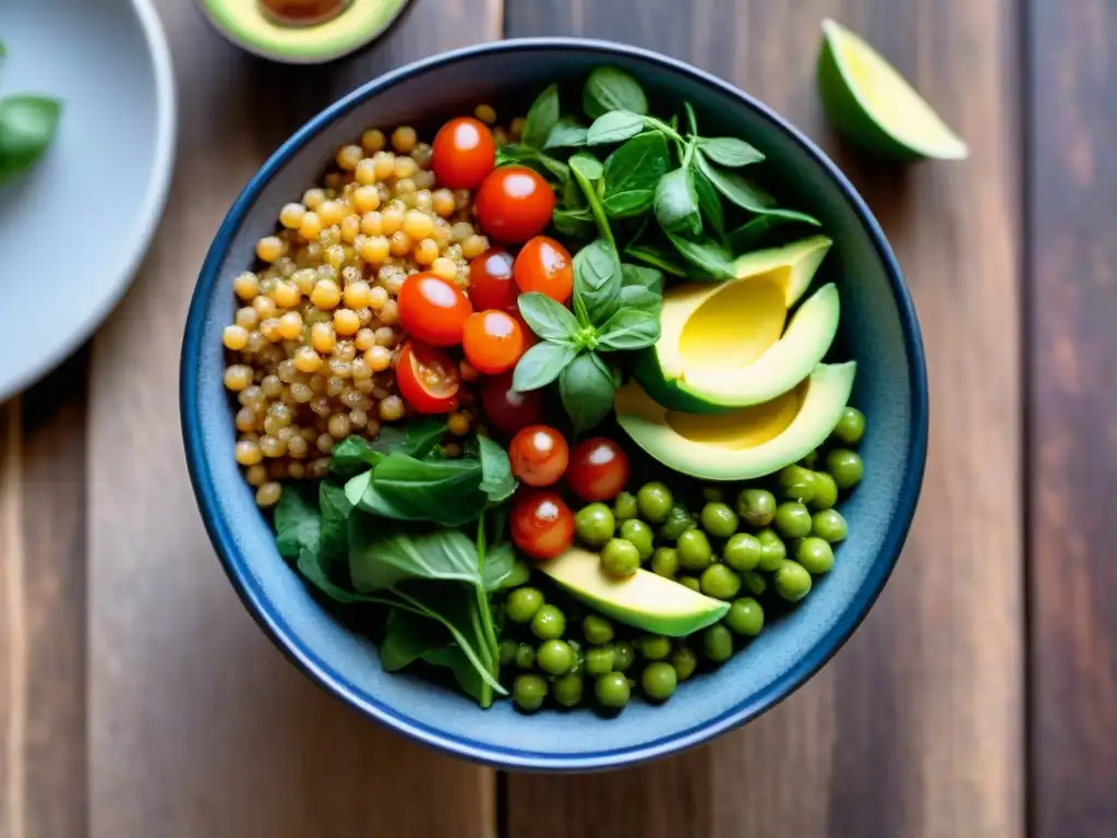 Deliciosas recetas proteicas alternativas sin gluten con coloridas ensaladas de quinoa, aguacate, tomate y garbanzos