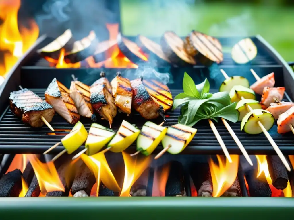 Deliciosas recetas barbacoa sin gluten para el verano: brochetas de pollo, vegetales a la parrilla y salmón en un jardín soleado