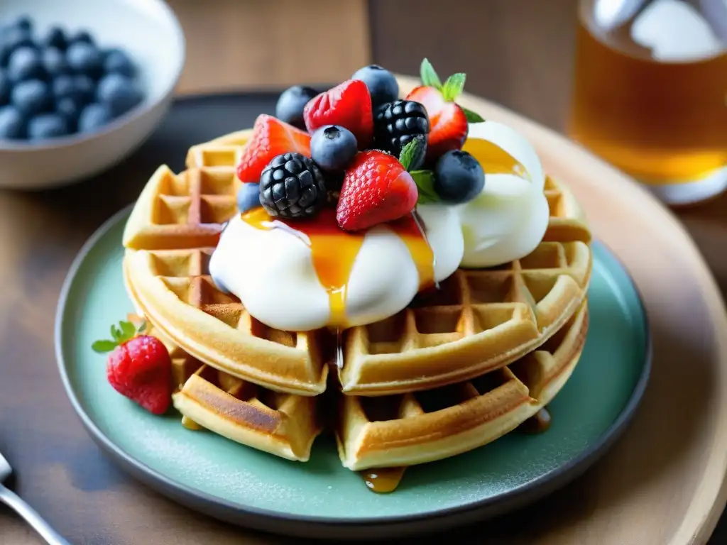 Deliciosas recetas waffles sin gluten con bayas frescas, miel y crema batida en un desayuno apetitoso