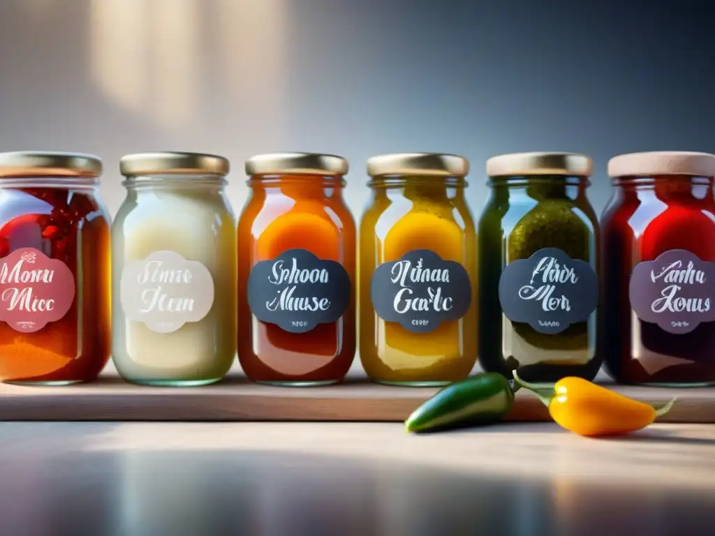 Deliciosas salsas fermentadas sin gluten en frascos coloridos, con etiquetas elegantes en caligrafía