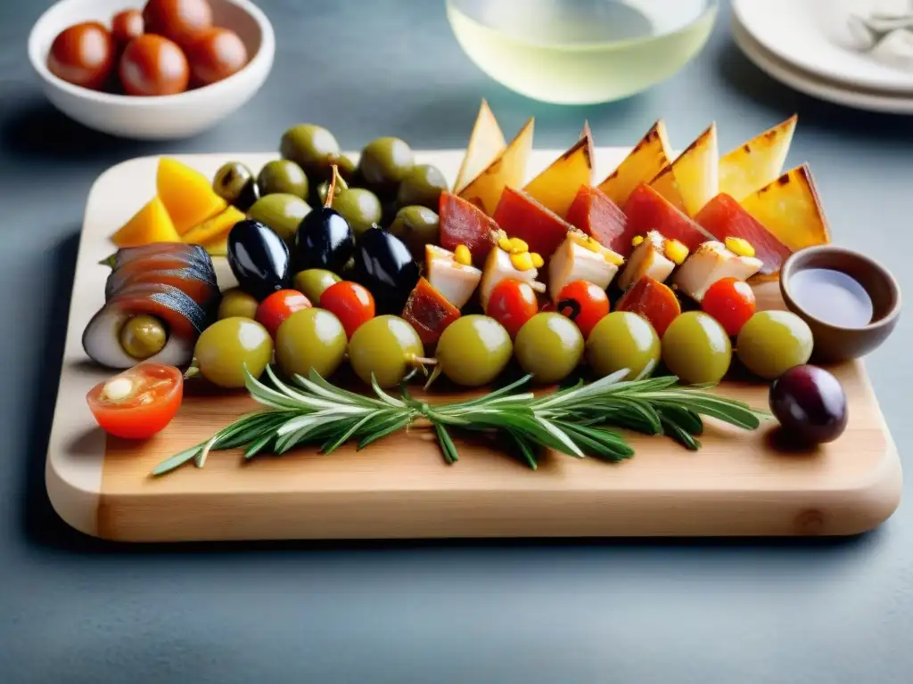 Deliciosas tapas sin gluten en un restaurante de Guadalajara, Castilla, presentadas con elegancia en una tabla de madera colorida