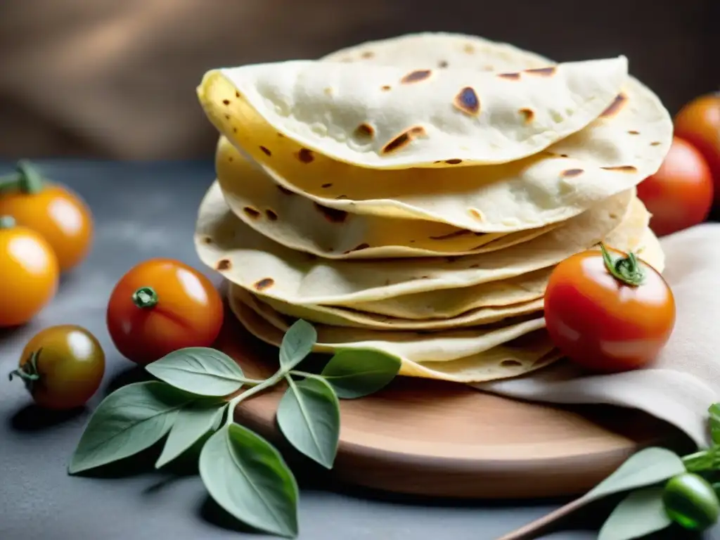 Deliciosas tortillas sin gluten recién hechas en una cesta rústica con tomates y cilantro