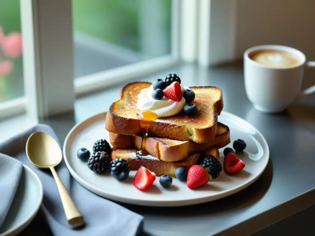 Deliciosas tostadas francesas sin gluten con bayas frescas y jarabe de arce en desayuno elegante