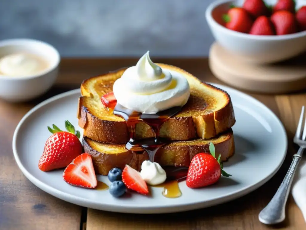 Deliciosas tostadas francesas sin gluten con fresas y sirope de arce en un desayuno acogedor