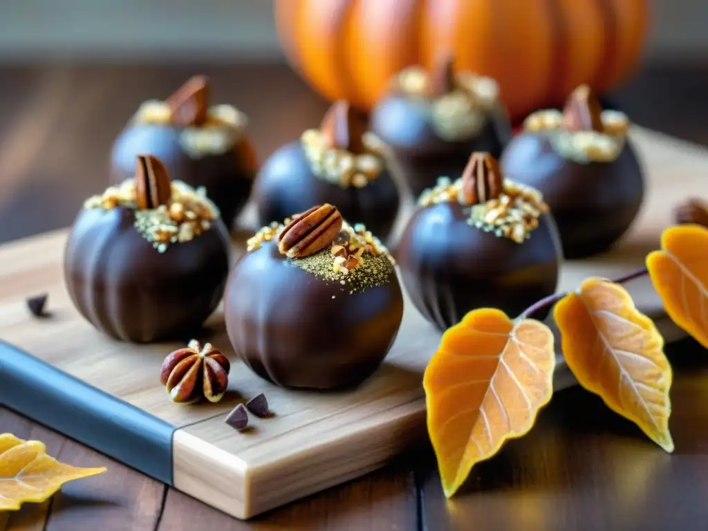 Deliciosas trufas de calabaza sin gluten, bañadas en ganache de chocolate y decoradas con nueces y canela