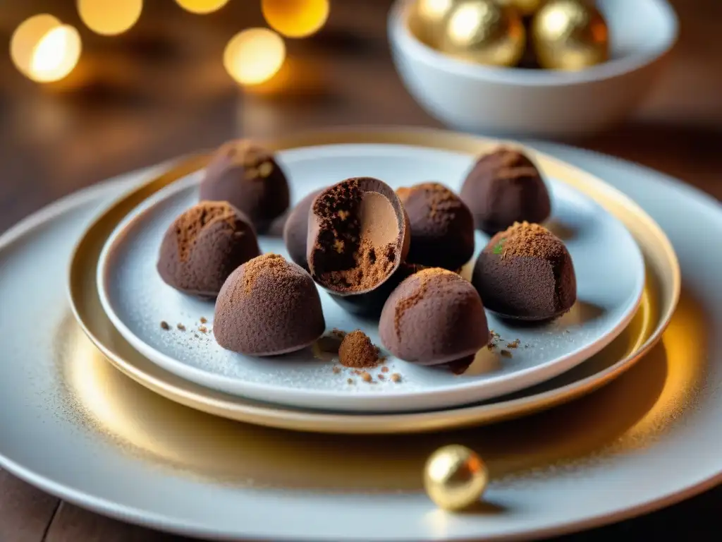 Deliciosas trufas de chocolate sin gluten, bañadas en cacao y decoradas con láminas de oro, brillando bajo una cálida luz