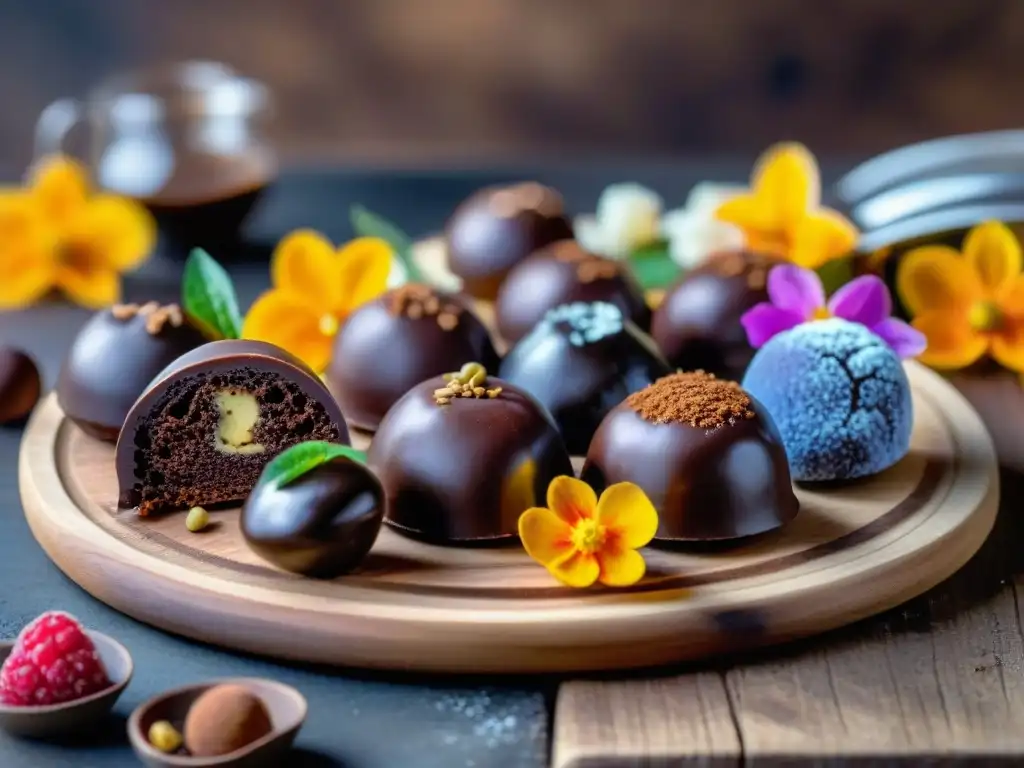 Deliciosas trufas sin gluten en plato rústico, con variedad de sabores y decoraciones